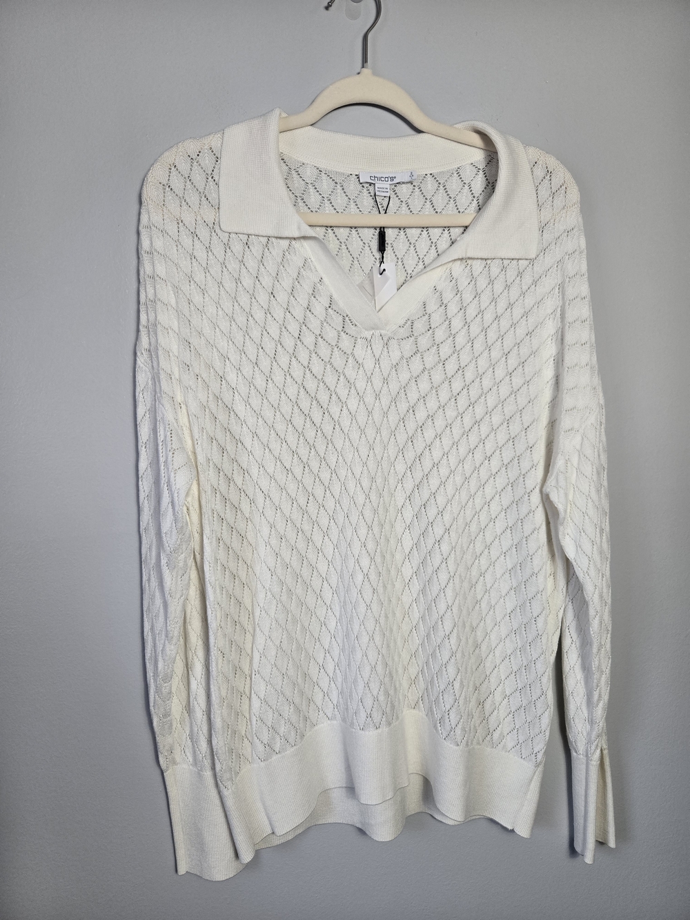 NWT Chico's Ecru Open Stitch Knit Polo Cream Sweater Johnny Collar Size 2 Large